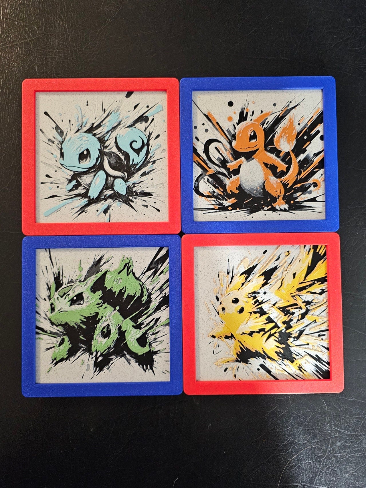 Pokemon Gotta Catch Em All Original 4 Set, Squirtle, Charmander, Bulbasaur, Pikachu Hueforge 3D print in connected red and blue frame